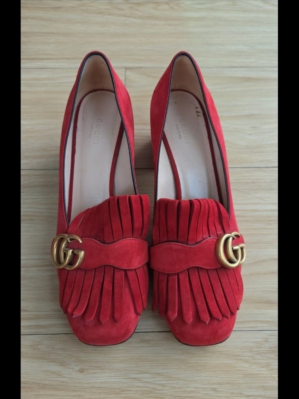 Gucci Red Suede Fringe Loafers with Gold Double G Accent